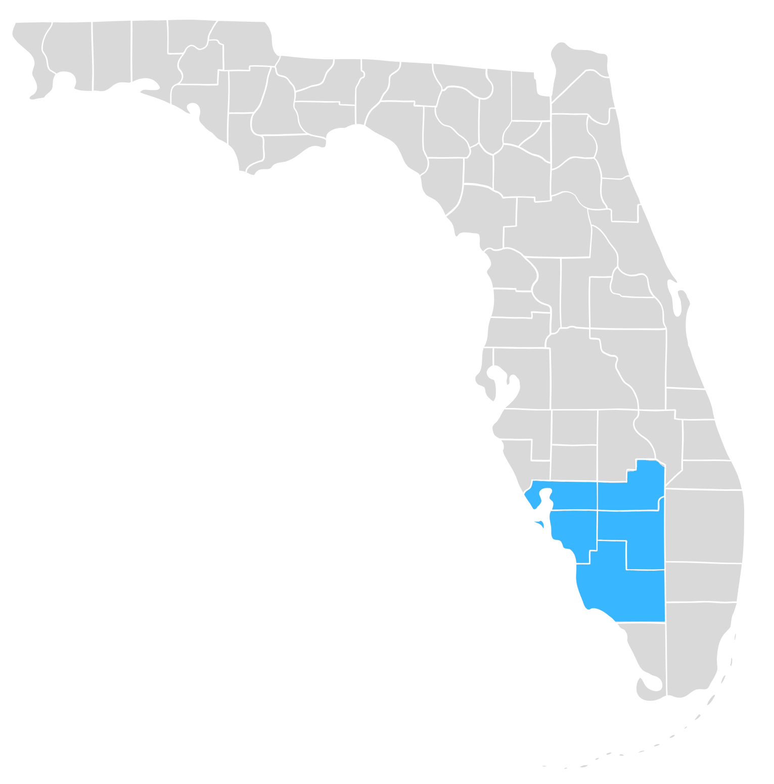 Map of Florida highlighting BER's service area in blue